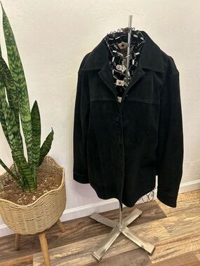AMI Black Genuine Suede Leather Jacket Satin Lined Soft Vintage Style XL